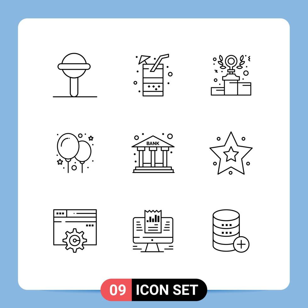 Editable Vector Line Pack of 9 Simple Outlines of office bank power party balloon Editable Vector Design Elements