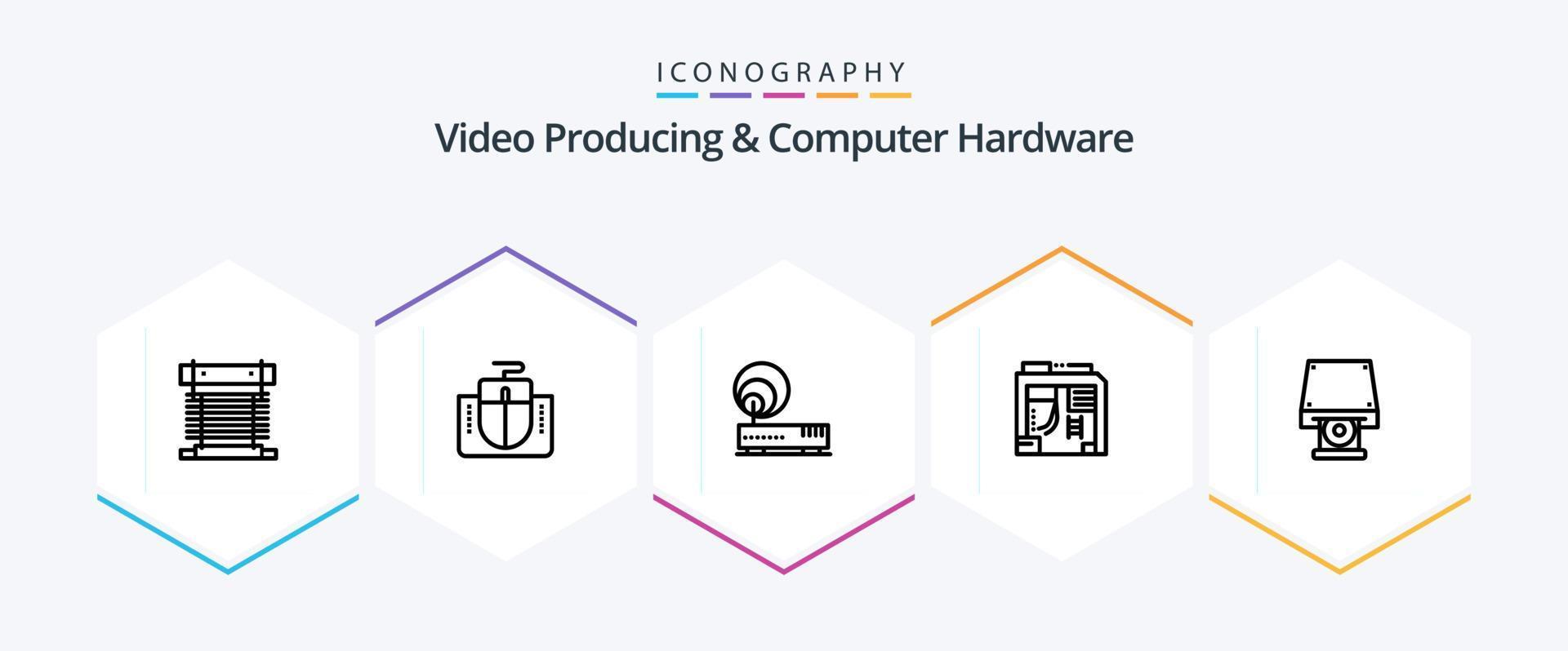 Video Producing And Computer Hardware 25 Line icon pack including dvd. case. computer. box. network vector