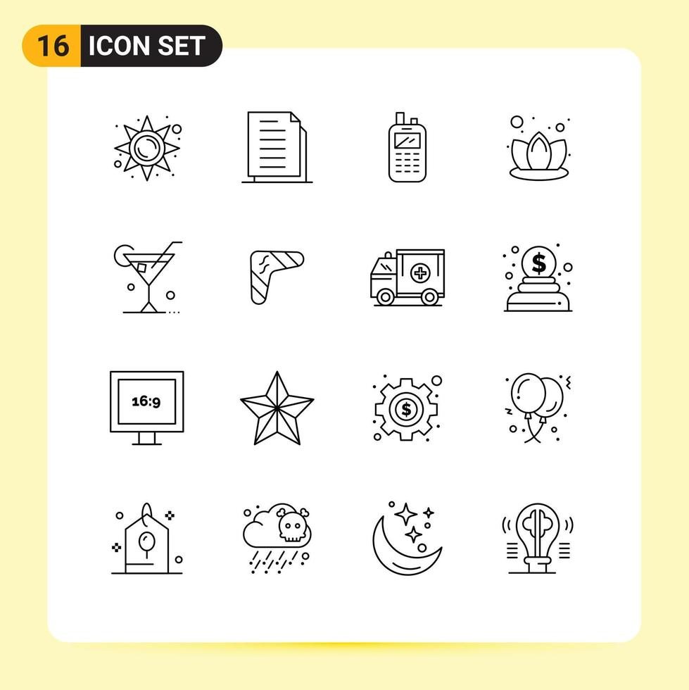 Universal Icon Symbols Group of 16 Modern Outlines of drink spa paper lotus wireless Editable Vector Design Elements