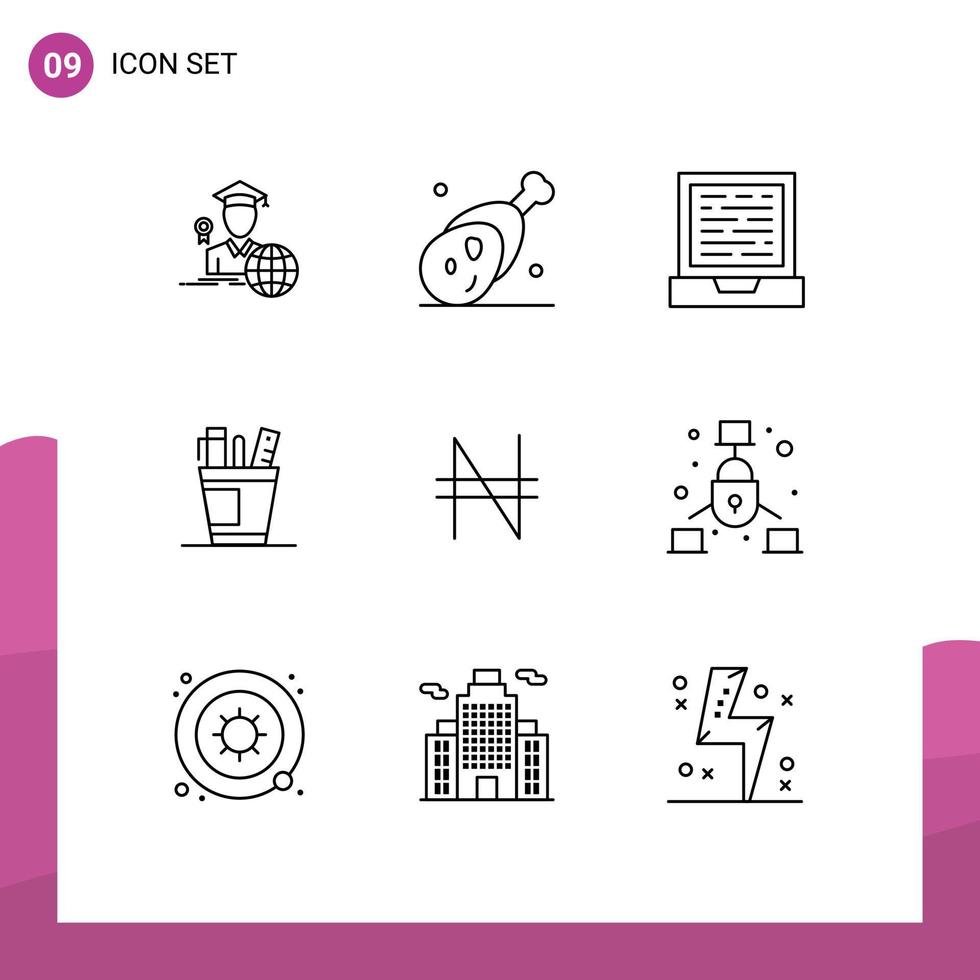 Editable Vector Line Pack of 9 Simple Outlines of supply organizer thanksgiving office pen Editable Vector Design Elements