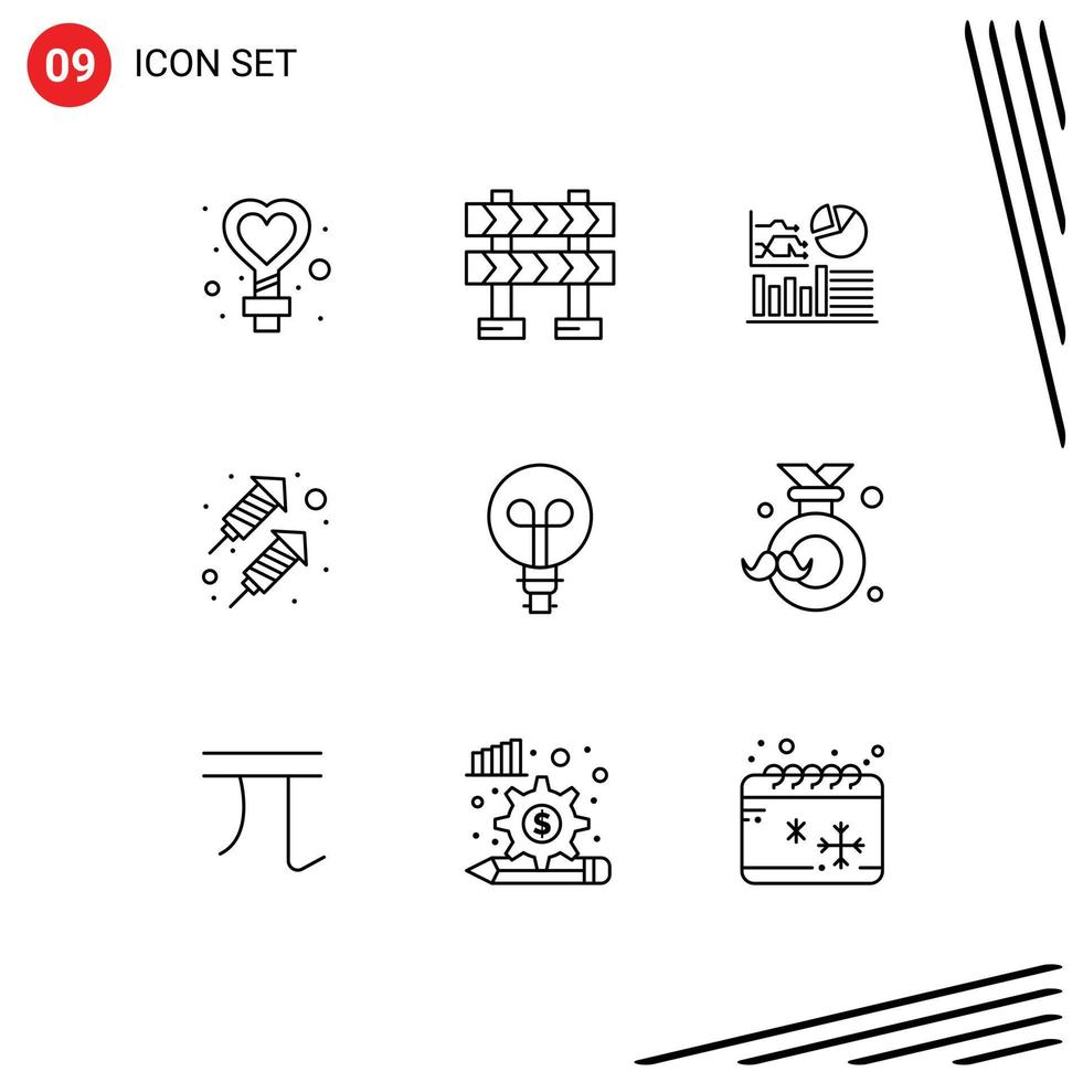 Modern Set of 9 Outlines Pictograph of badge light success bulb party Editable Vector Design Elements