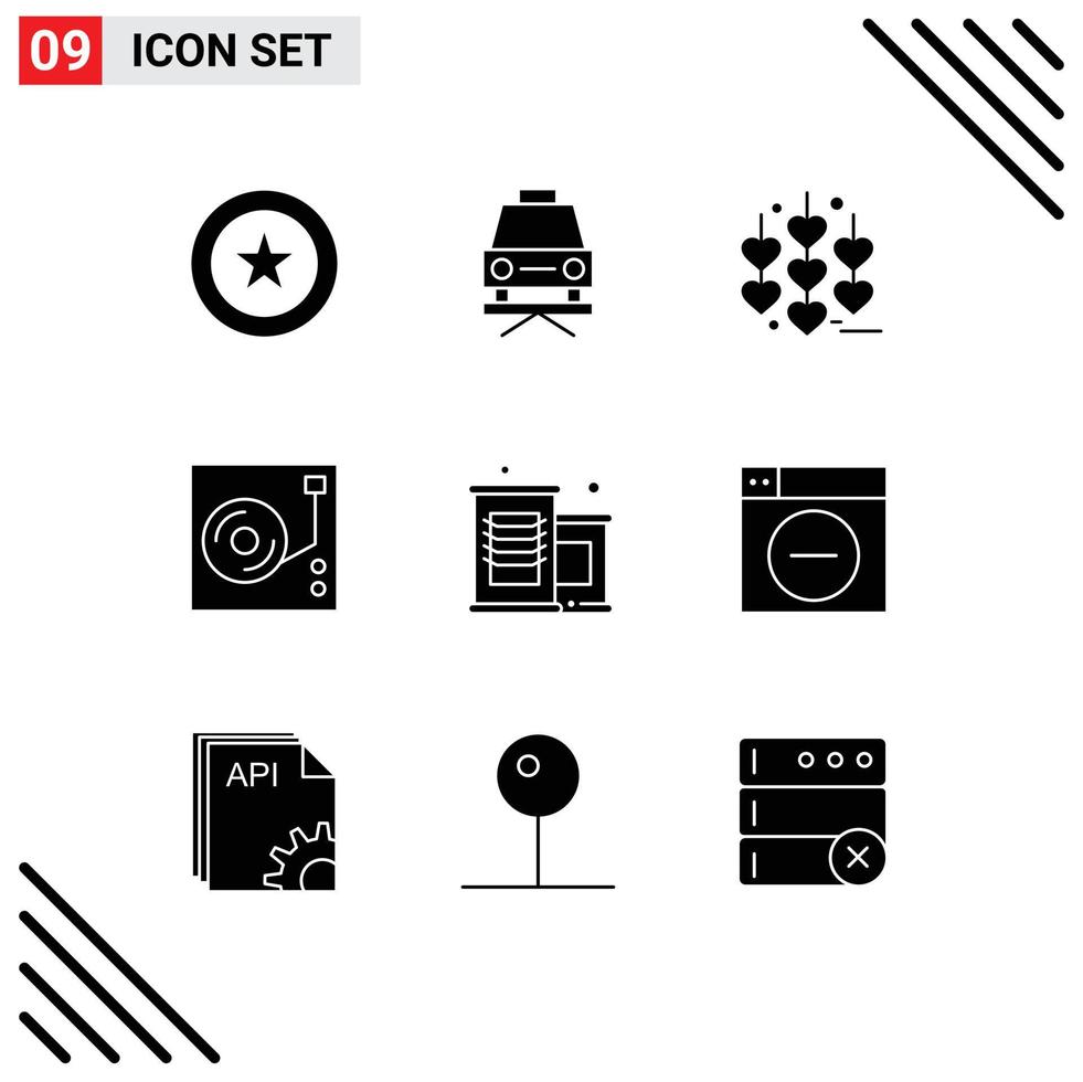 Universal Icon Symbols Group of 9 Modern Solid Glyphs of web supermarket love canned food disk Editable Vector Design Elements