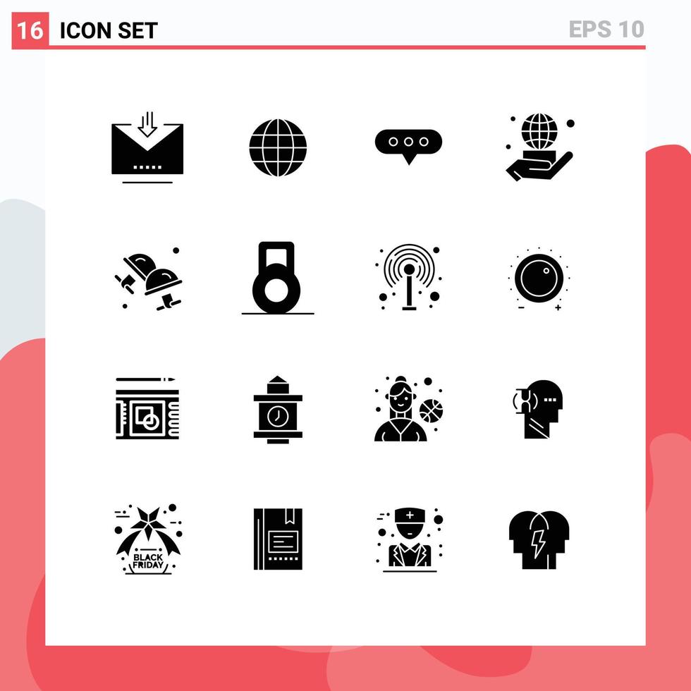 Set of 16 Vector Solid Glyphs on Grid for dress shirt cuff bubble network world Editable Vector Design Elements