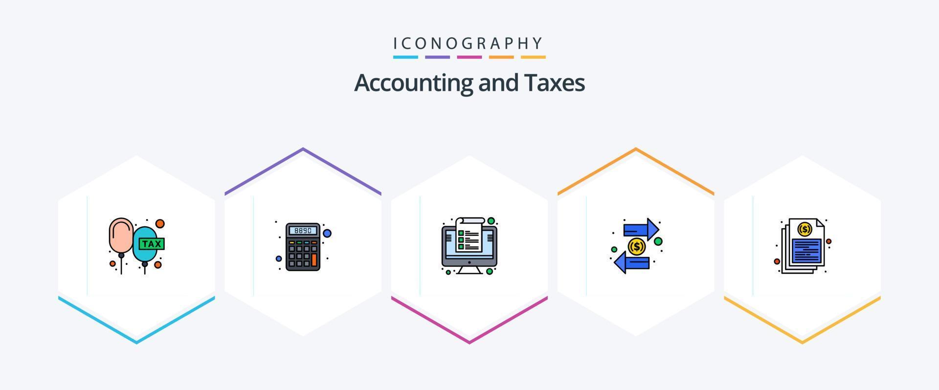 Taxes 25 FilledLine icon pack including finance. duty. money. coin. management vector