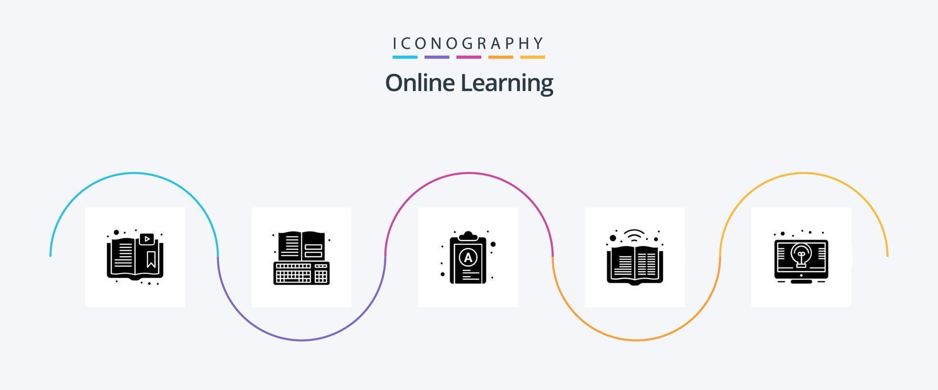 Online Learning Glyph 5 Icon Pack Including idea. signal. check list. podcast. book vector
