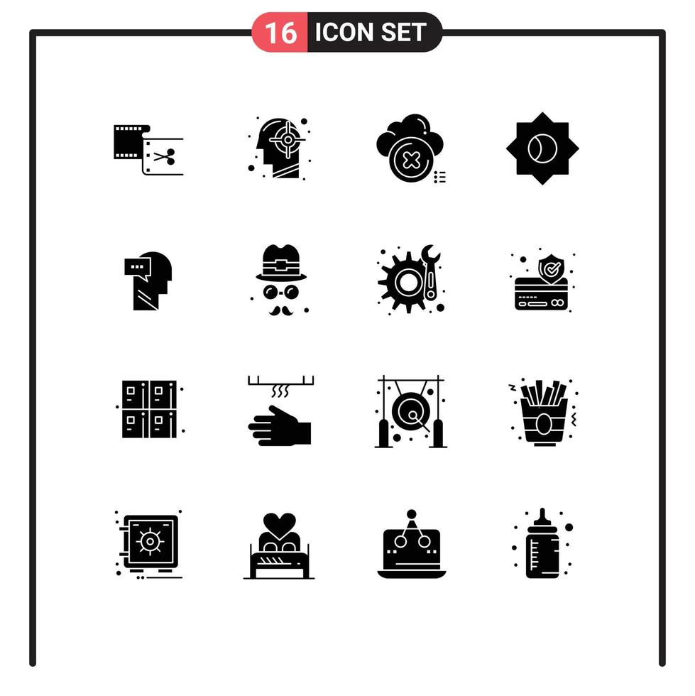 Modern Set of 16 Solid Glyphs and symbols such as ui basic mind cross close Editable Vector Design Elements