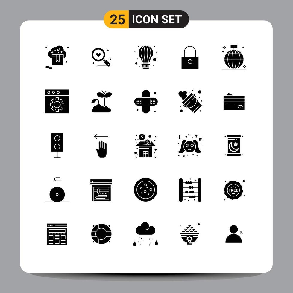 Pictogram Set of 25 Simple Solid Glyphs of ball password lock wedding password hot air Editable Vector Design Elements