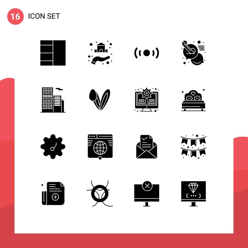 Modern Set of 16 Solid Glyphs and symbols such as real building signal support chat Editable Vector Design Elements
