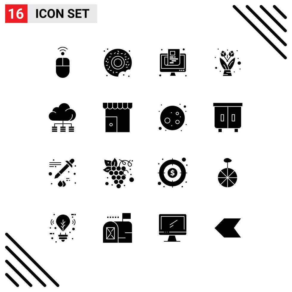 Group of 16 Solid Glyphs Signs and Symbols for storage cloud newspaper gift flower Editable Vector Design Elements
