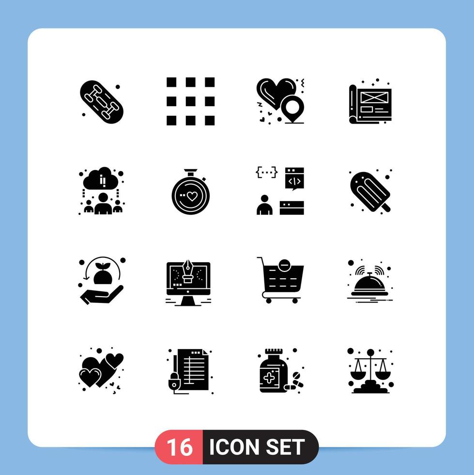 16 User Interface Solid Glyph Pack of modern Signs and Symbols of learning file heart location document creative Editable Vector Design Elements