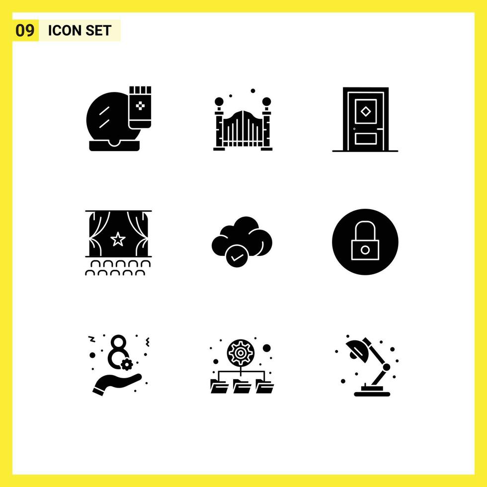 9 Universal Solid Glyph Signs Symbols of cloud performance building film cinema Editable Vector Design Elements