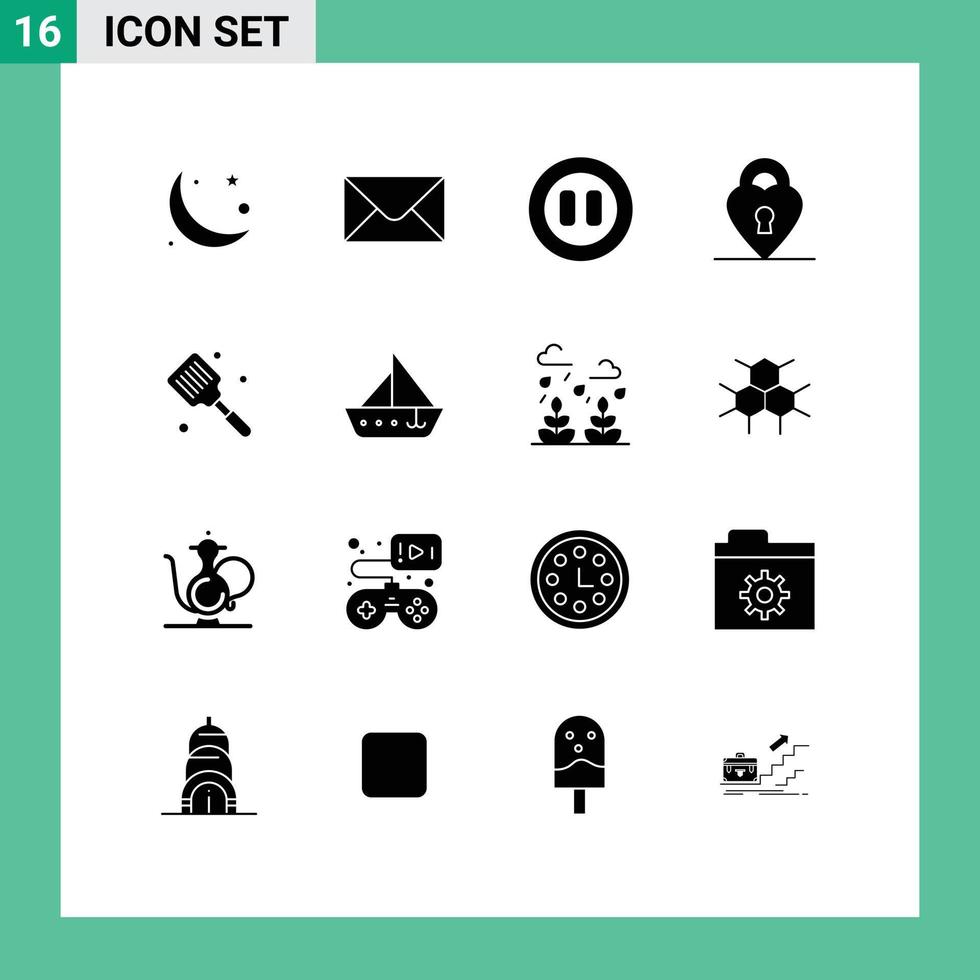 Mobile Interface Solid Glyph Set of 16 Pictograms of spatula cooking media baking private Editable Vector Design Elements