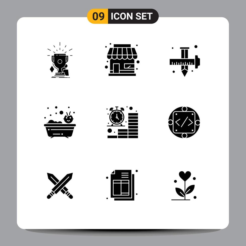 Mobile Interface Solid Glyph Set of 9 Pictograms of shower bath business baby drawing Editable Vector Design Elements