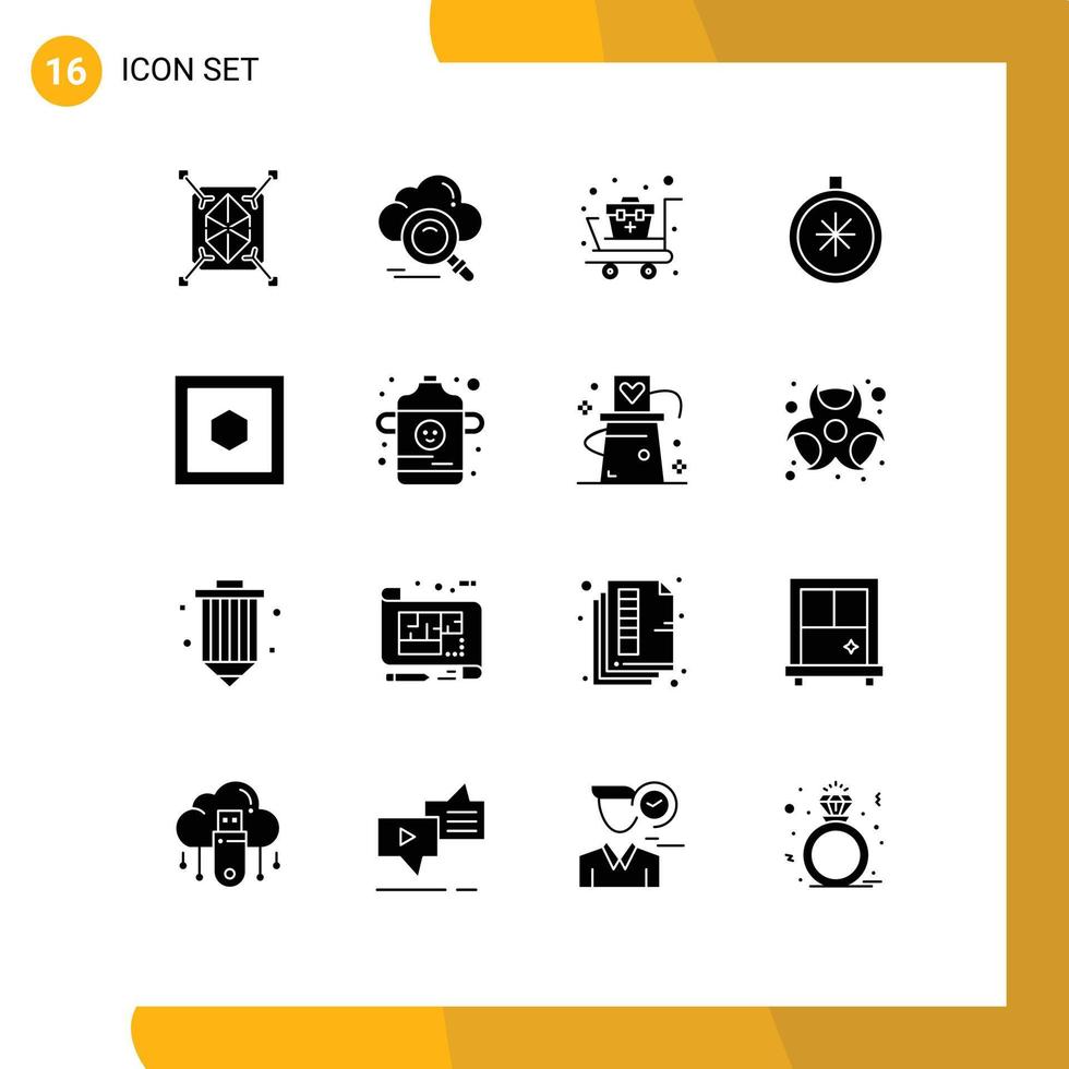 Group of 16 Solid Glyphs Signs and Symbols for hexagon navigation access direction supplies Editable Vector Design Elements
