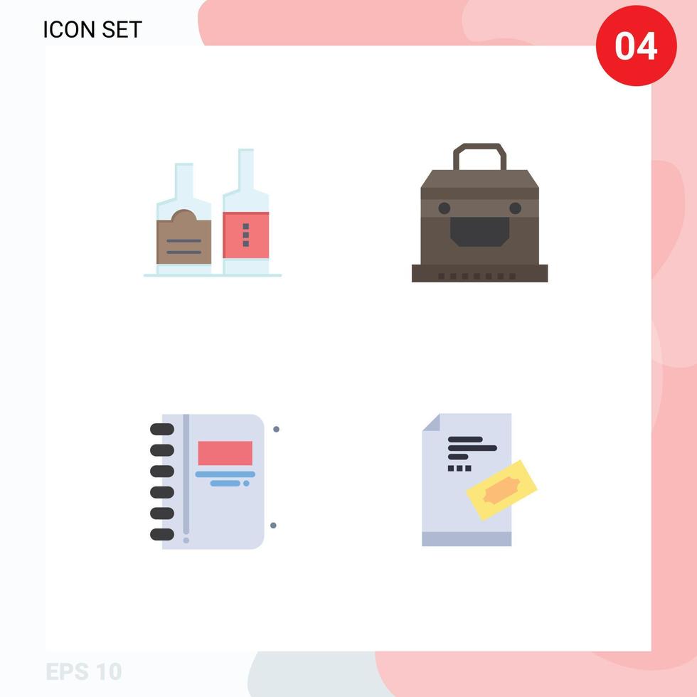 Group of 4 Modern Flat Icons Set for alcohol bookmark bottles chest open book Editable Vector Design Elements