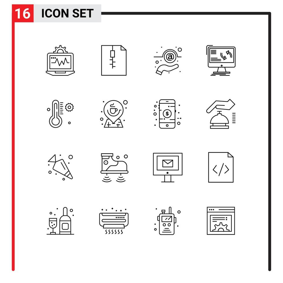 Mobile Interface Outline Set of 16 Pictograms of thermometer computer message data sync Editable Vector Design Elements