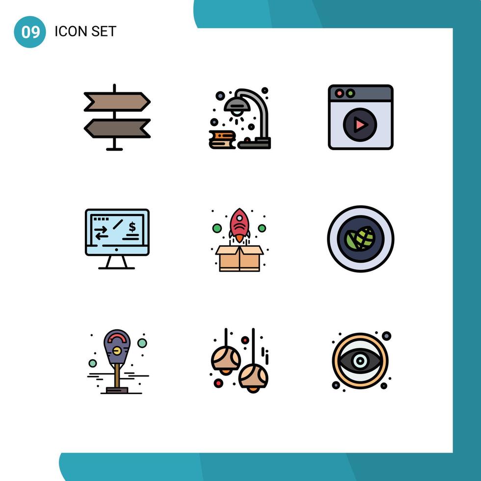 Modern Set of 9 Filledline Flat Colors and symbols such as up rocket multimedia computer finance Editable Vector Design Elements