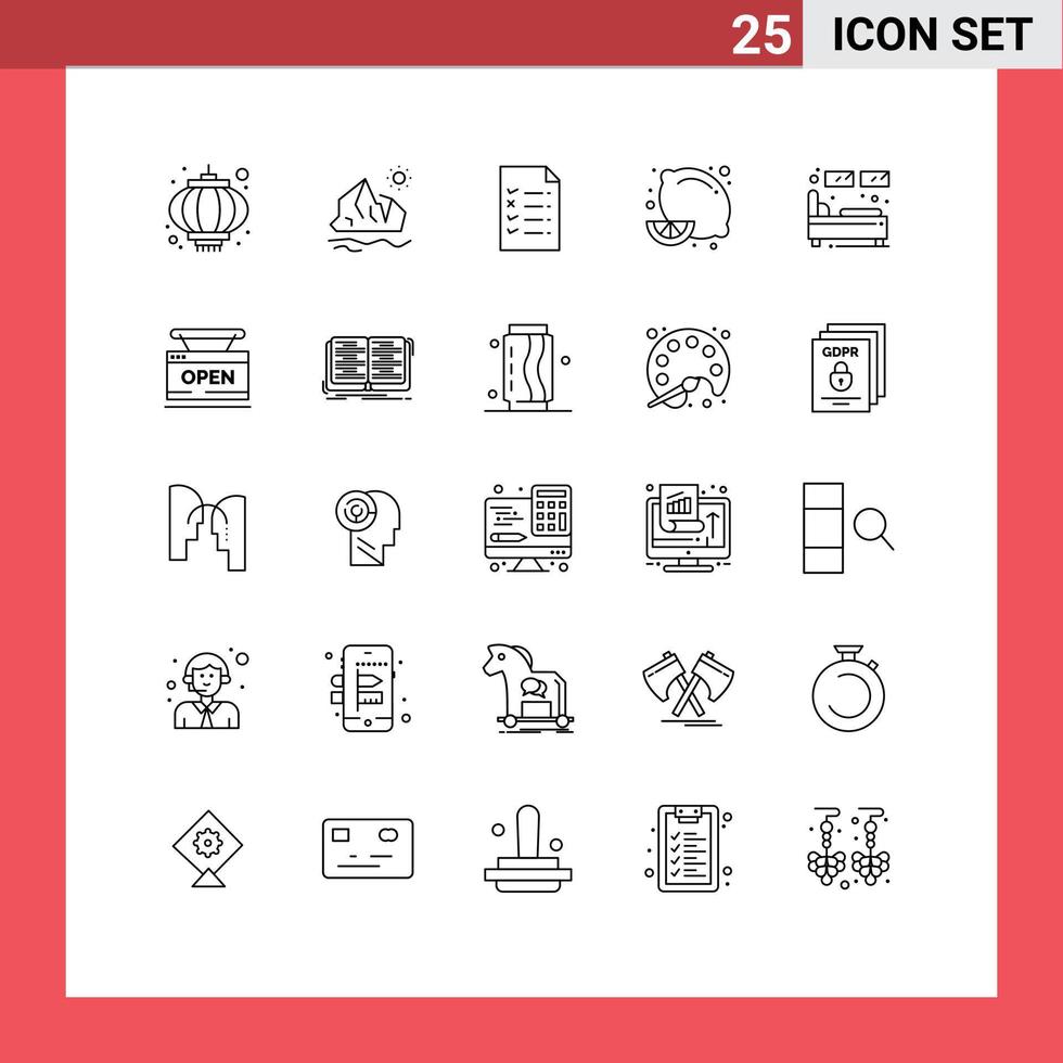 25 Thematic Vector Lines and Editable Symbols of hotel lemon fruit melting lemon citrus fruit Editable Vector Design Elements