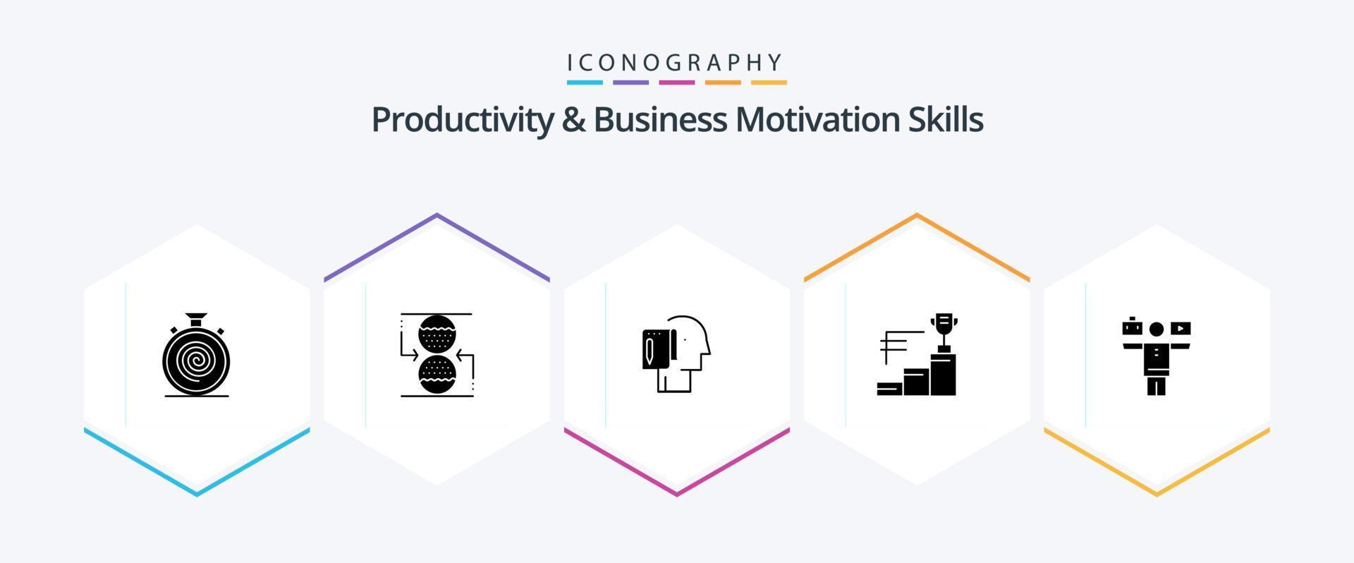 Productivity And Business Motivation Skills 25 Glyph icon pack including trophy cup. prize. sandclock. achievements. note vector