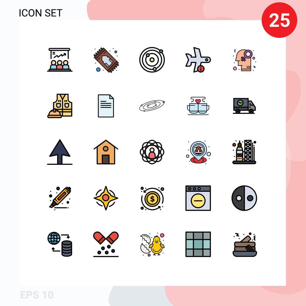 25 Universal Filled line Flat Color Signs Symbols of feminism transport rug plane flight Editable Vector Design Elements