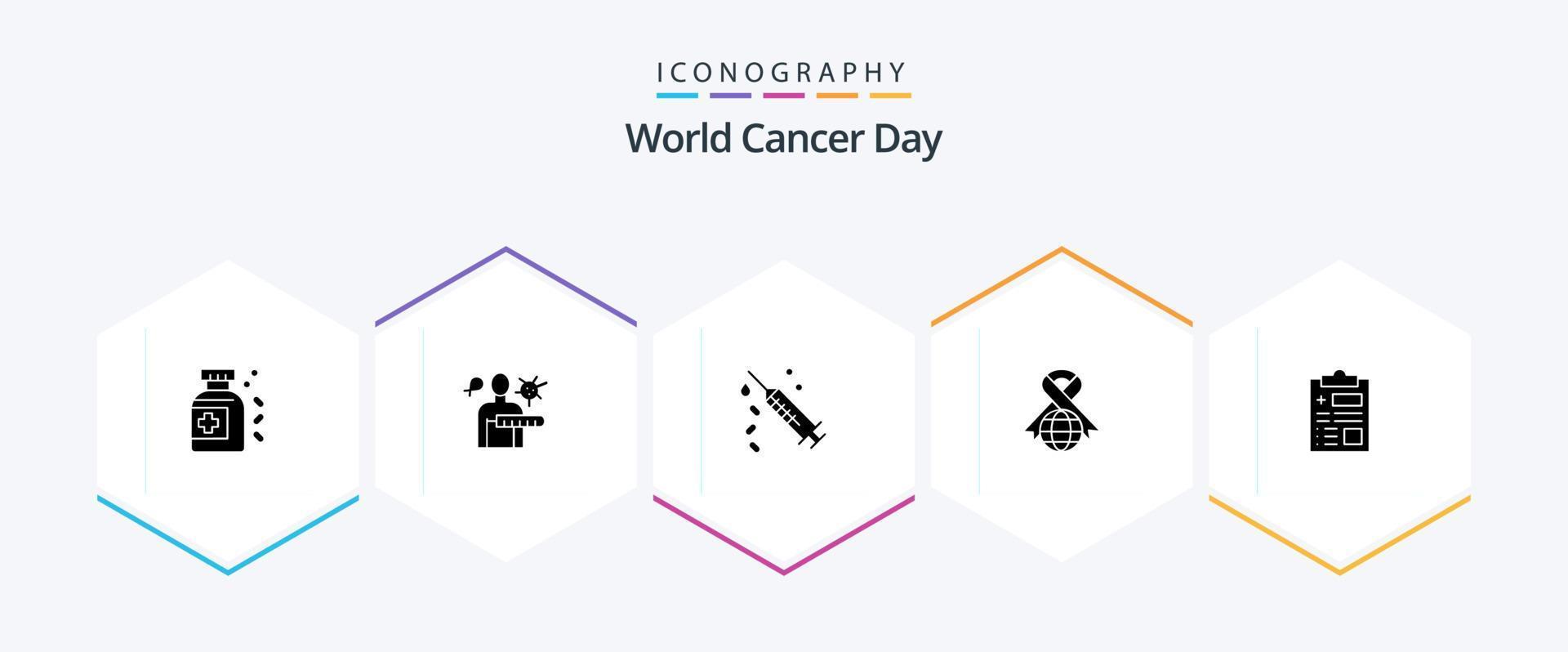 World Cancer Day 25 Glyph icon pack including world. vaccine. health check. syringe. day vector