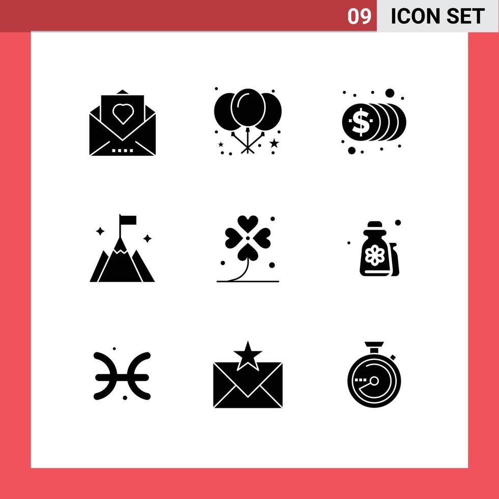 9 Thematic Vector Solid Glyphs and Editable Symbols of four interface coins user mountain Editable Vector Design Elements