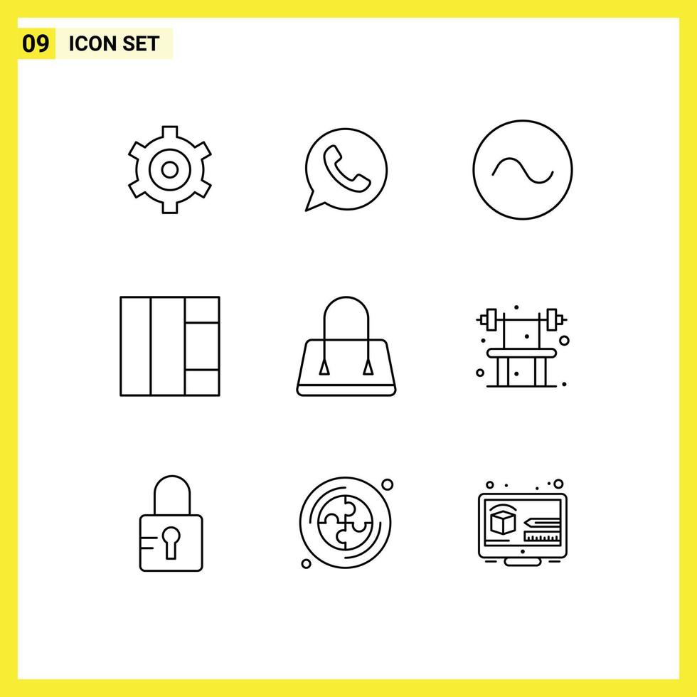 Editable Vector Line Pack of 9 Simple Outlines of fitness bench sound purse bag Editable Vector Design Elements