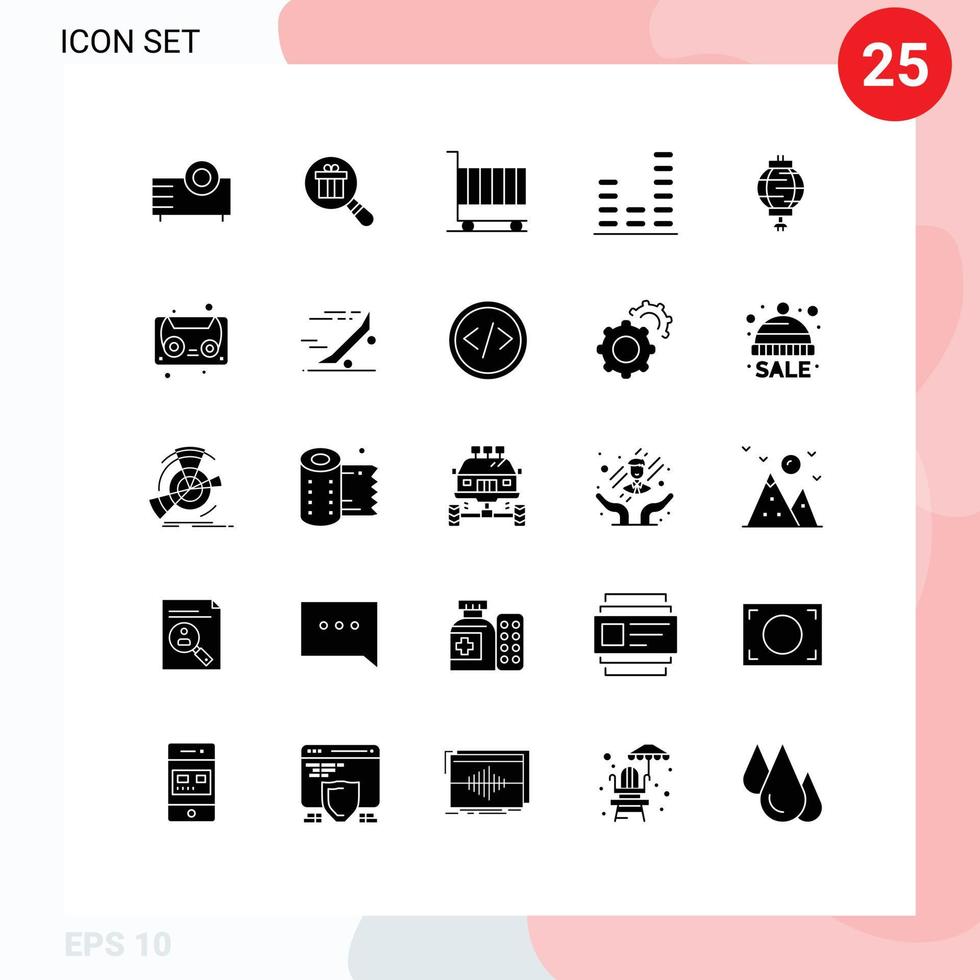 Mobile Interface Solid Glyph Set of 25 Pictograms of sound equalizer shopping audio marketing Editable Vector Design Elements