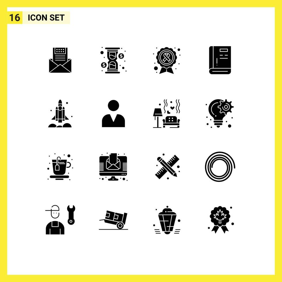16 Thematic Vector Solid Glyphs and Editable Symbols of book cause glass ribbon awareness ribbon Editable Vector Design Elements