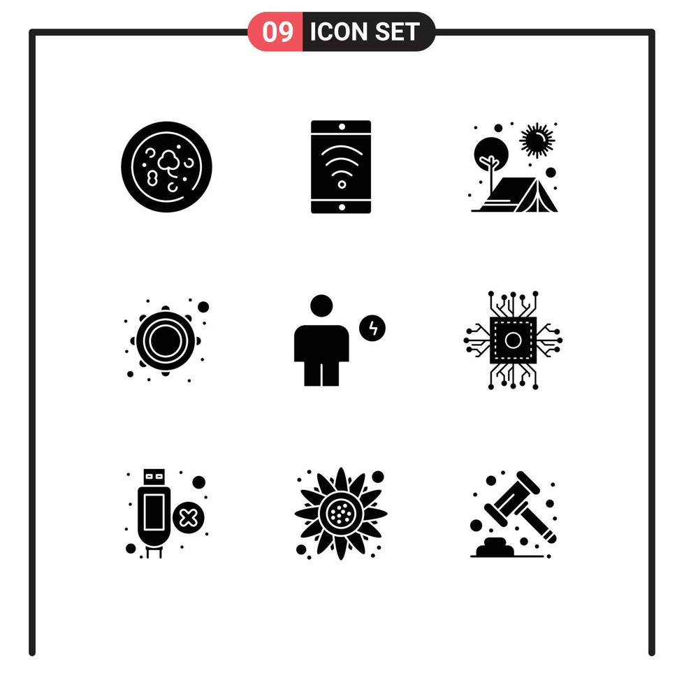 Mobile Interface Solid Glyph Set of 9 Pictograms of electricity avatar outdoor tambourine music Editable Vector Design Elements