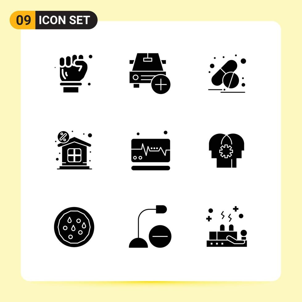 Solid Glyph Pack of 9 Universal Symbols of monitor property vehicles money discount Editable Vector Design Elements