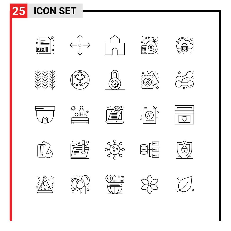 Editable Vector Line Pack of 25 Simple Lines of lock security fortress money finance Editable Vector Design Elements