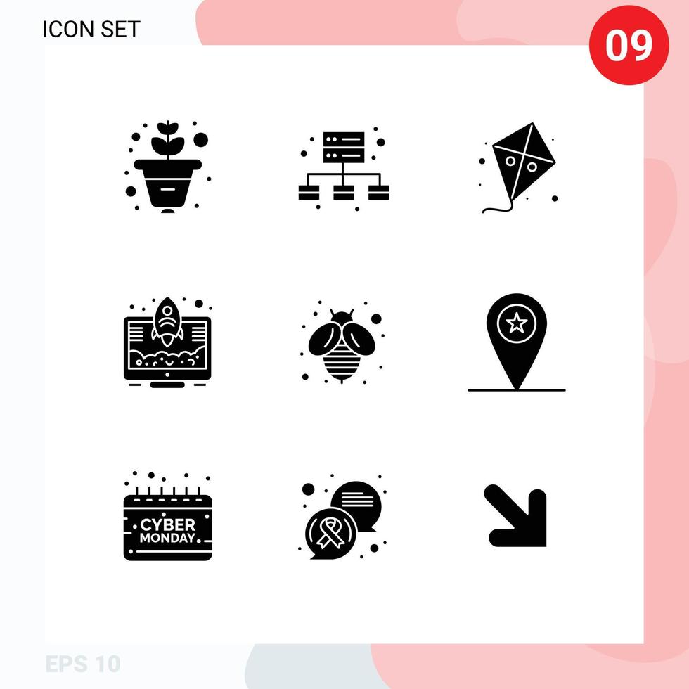 Mobile Interface Solid Glyph Set of 9 Pictograms of army fly kite bee startup Editable Vector Design Elements