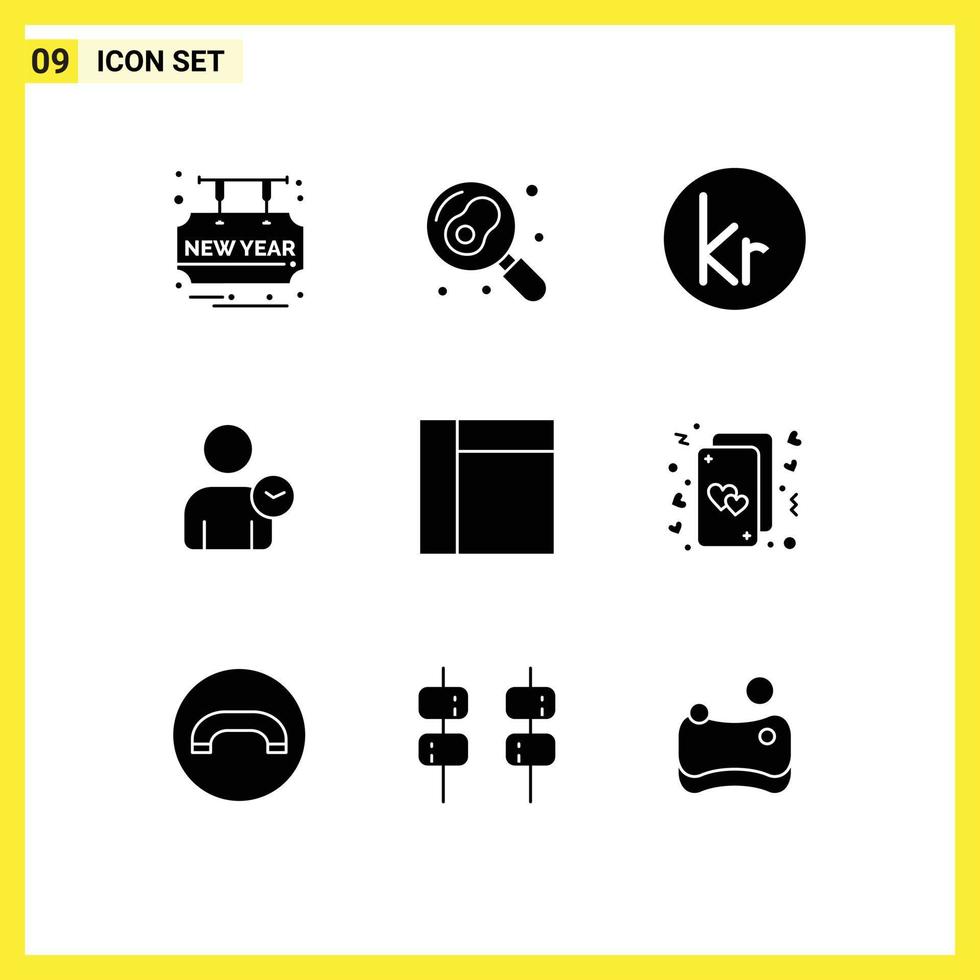 Mobile Interface Solid Glyph Set of 9 Pictograms of layout basic krone time man Editable Vector Design Elements