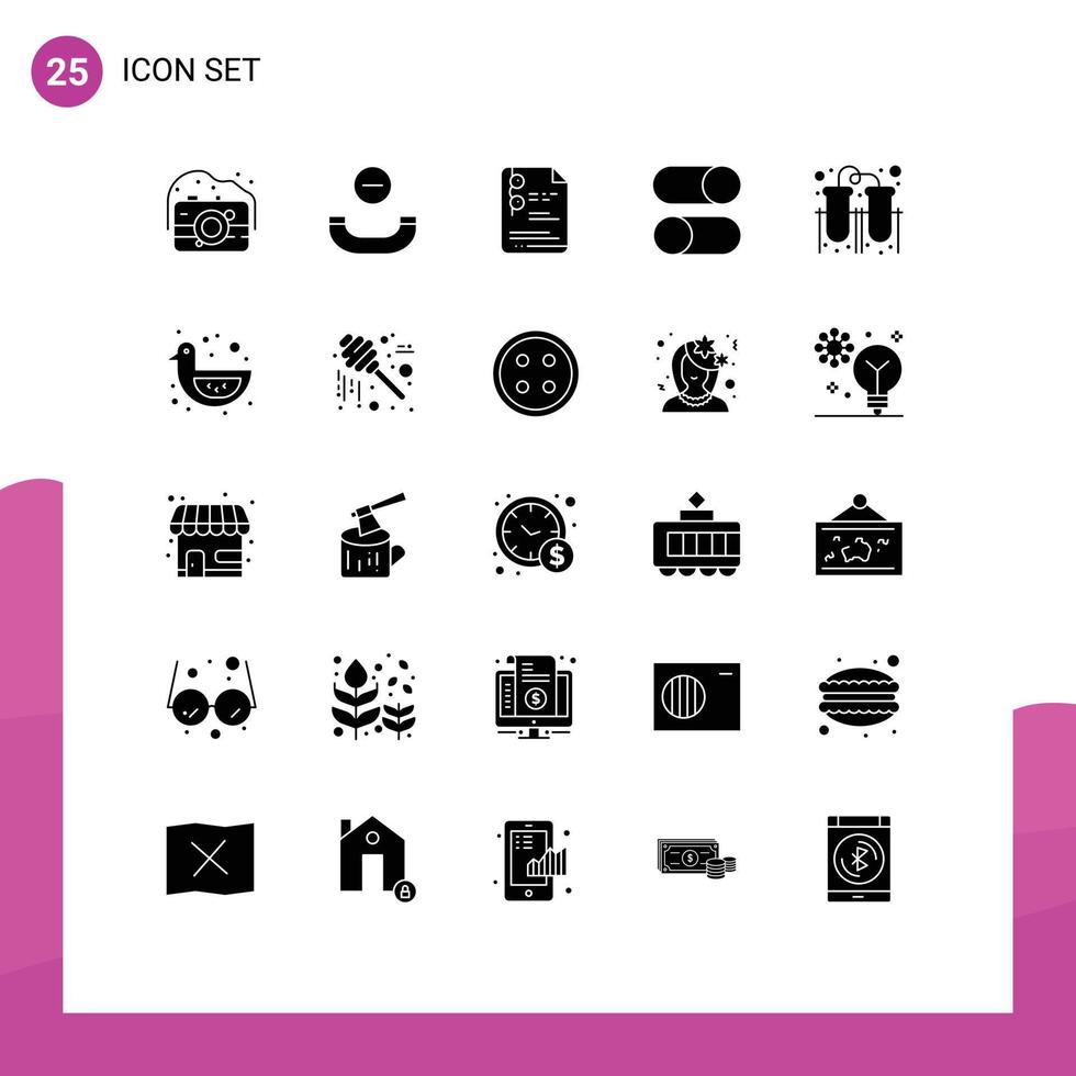 Mobile Interface Solid Glyph Set of 25 Pictograms of laboratory settings document radio layout Editable Vector Design Elements