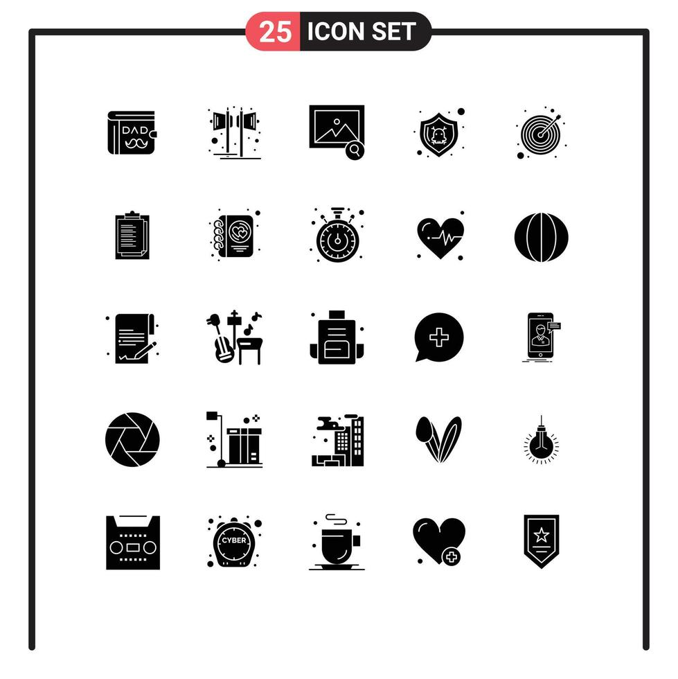Pack of 25 Modern Solid Glyphs Signs and Symbols for Web Print Media such as strategy shield speaker security danger Editable Vector Design Elements