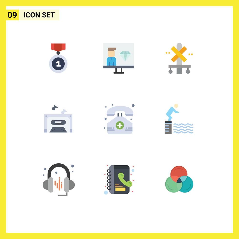 Group of 9 Modern Flat Colors Set for medical tape programming sound train Editable Vector Design Elements