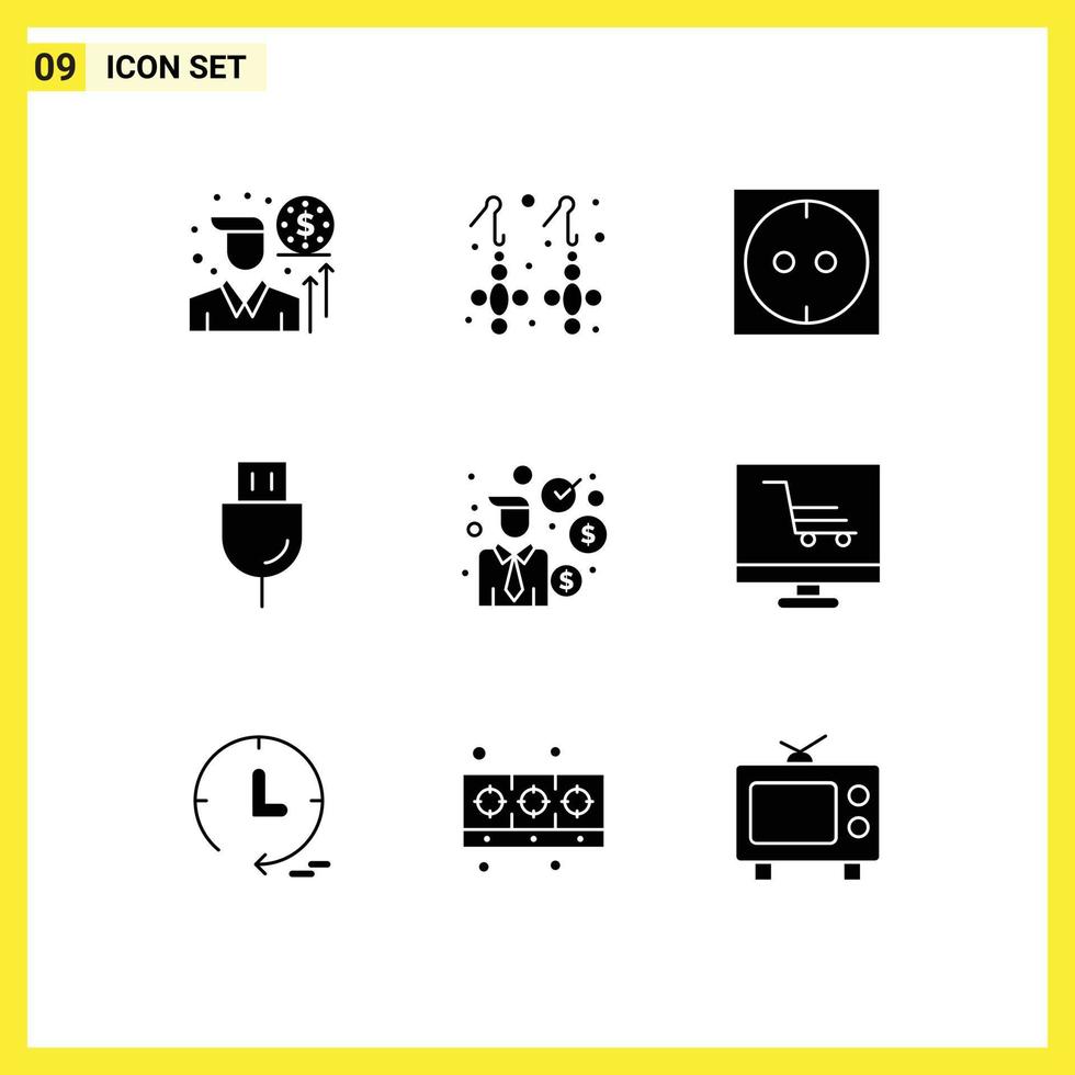 User Interface Pack of 9 Basic Solid Glyphs of finance investment socket businessman products Editable Vector Design Elements