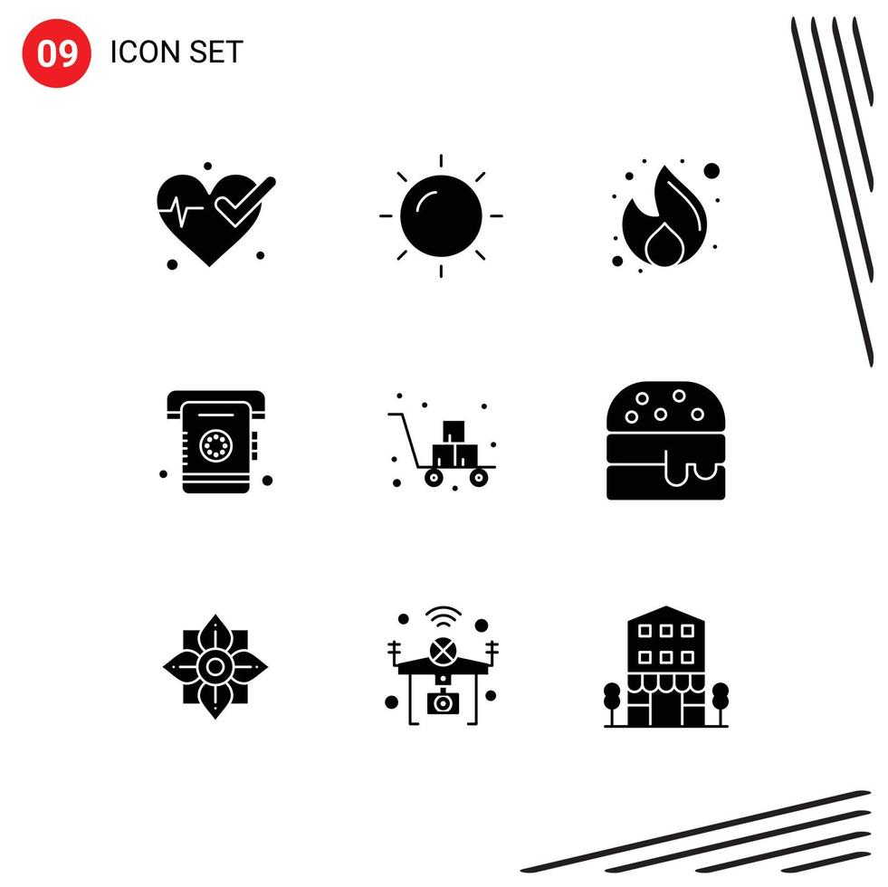 9 Thematic Vector Solid Glyphs and Editable Symbols of cart list fire contact phone Editable Vector Design Elements
