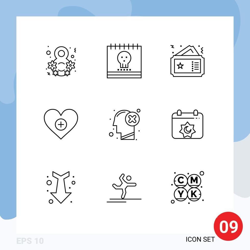9 User Interface Outline Pack of modern Signs and Symbols of add like holidays love cinema Editable Vector Design Elements