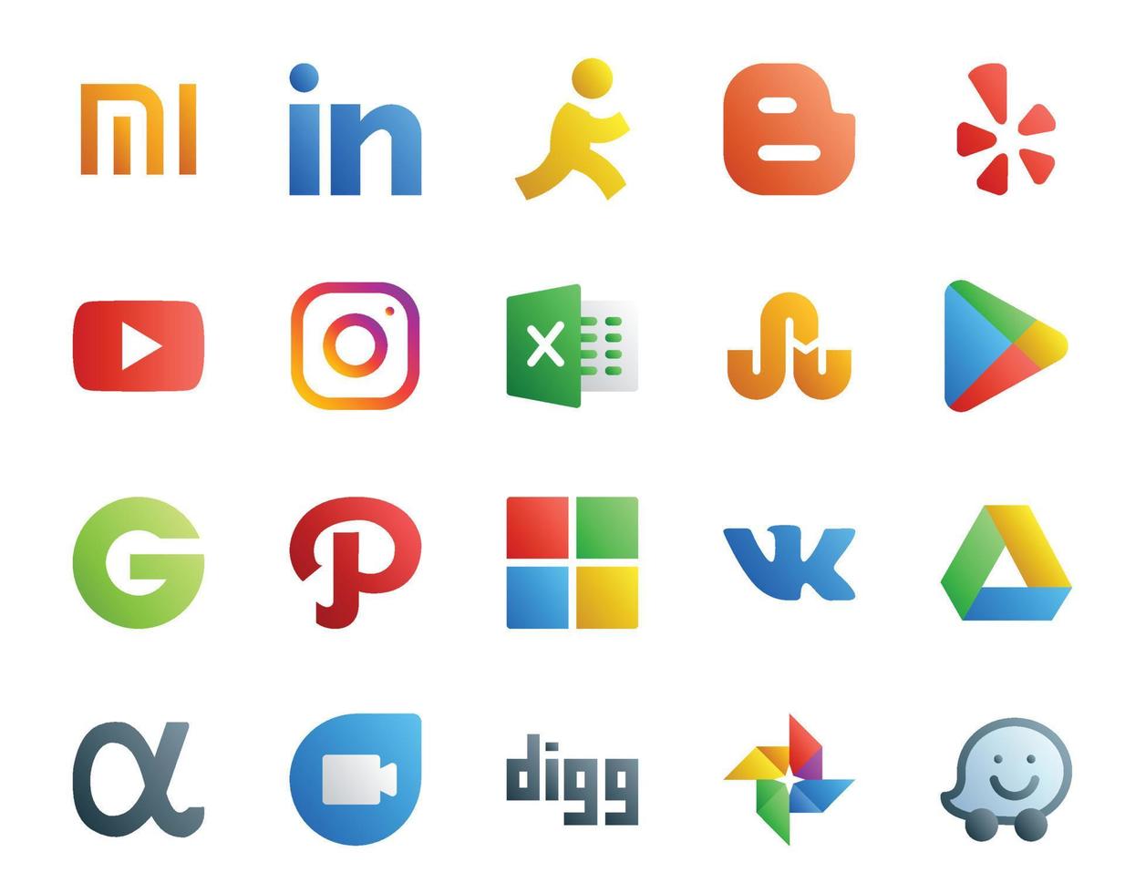 20 Social Media Icon Pack Including app net vk excel microsoft groupon vector