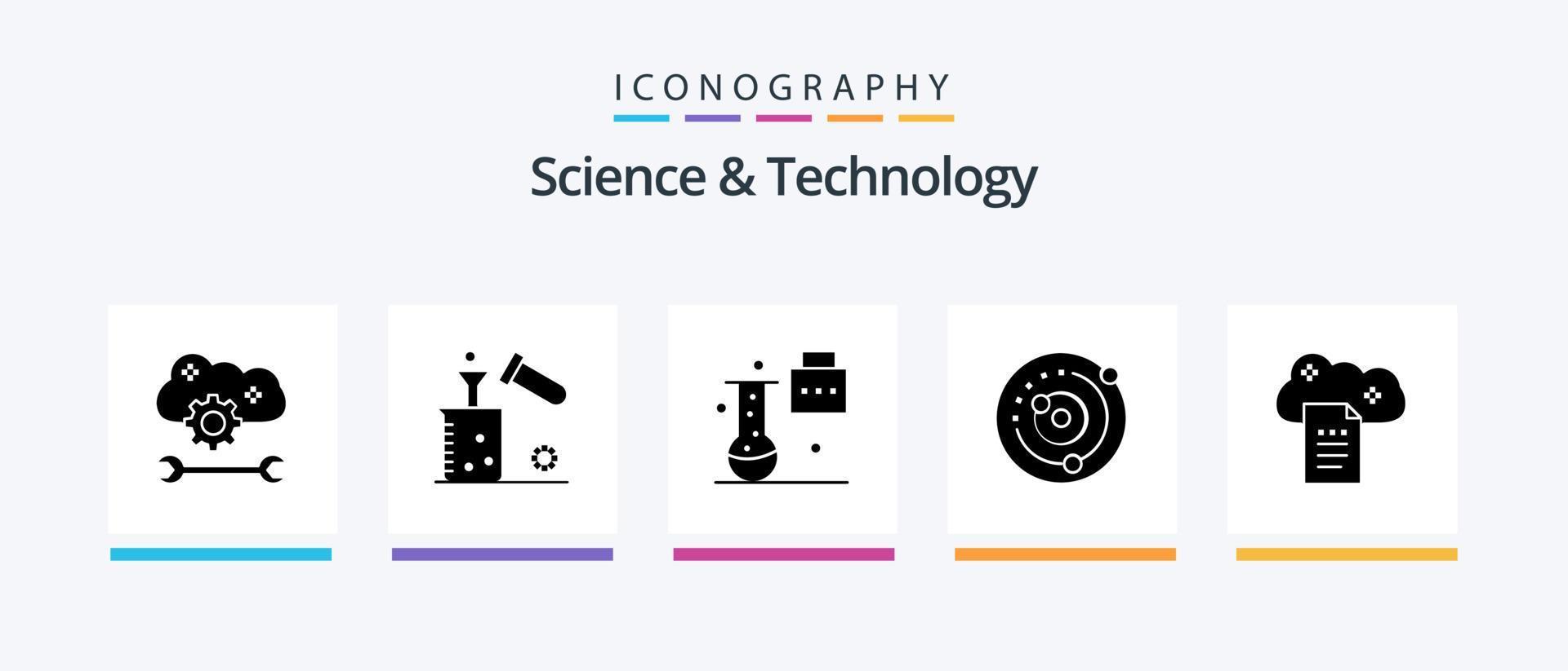 Science And Technology Glyph 5 Icon Pack Including planets orbiting. orbit. test tube. science portfolio. science education. Creative Icons Design vector