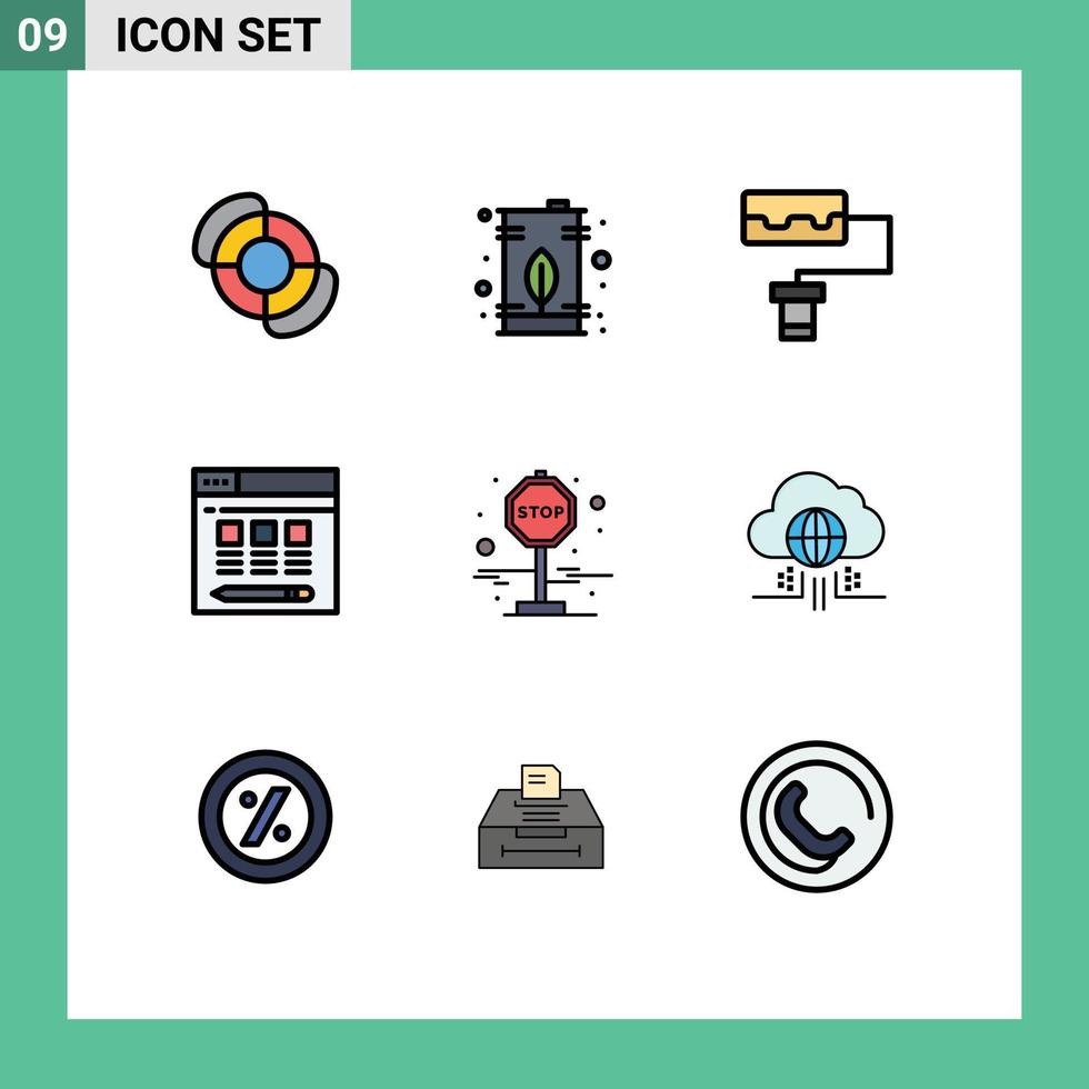 Set of 9 Vector Filledline Flat Colors on Grid for think stop pattern journey hosting Editable Vector Design Elements