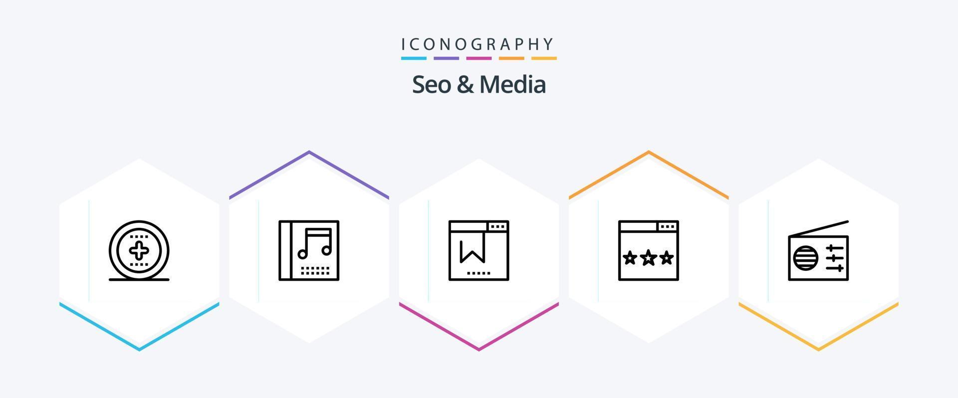 Seo and Media 25 Line icon pack including radio. search. browser. ranking. media vector