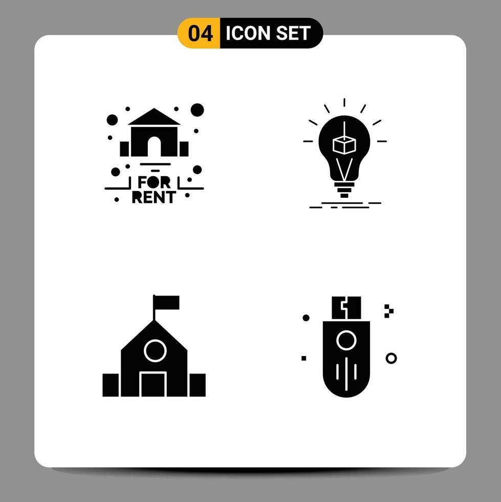 Set of 4 Modern UI Icons Symbols Signs for estate education rent cube school Editable Vector Design Elements