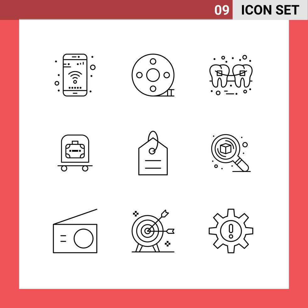 Stock Vector Icon Pack of 9 Line Signs and Symbols for bag luggage filmmaking hotel tooth Editable Vector Design Elements