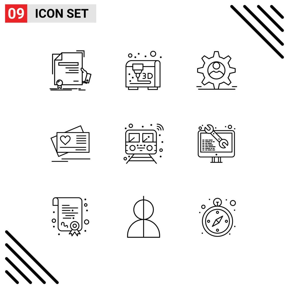 Pack of 9 creative Outlines of smart internet data wedding love Editable Vector Design Elements