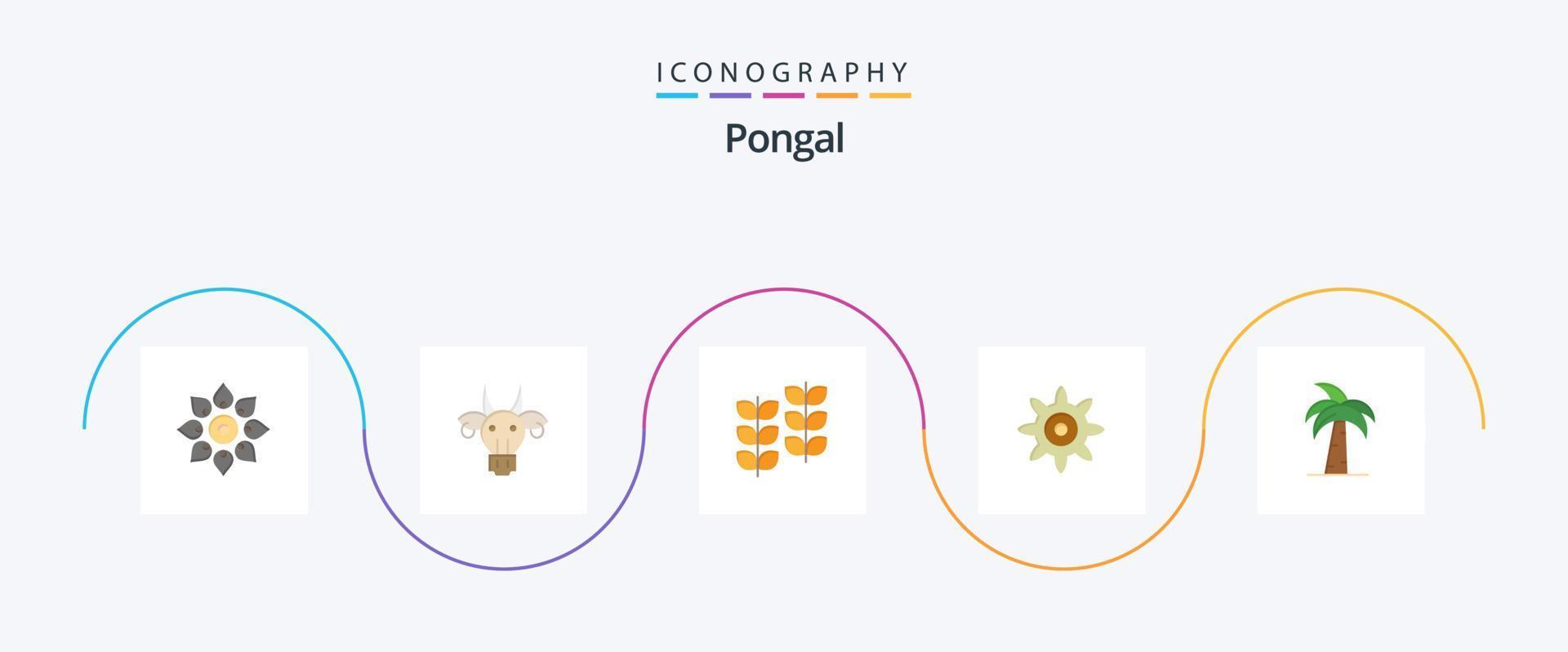 pongal plano 5 5 icono paquete incluso cultura. ajuste. toro. crecimiento. leafe vector