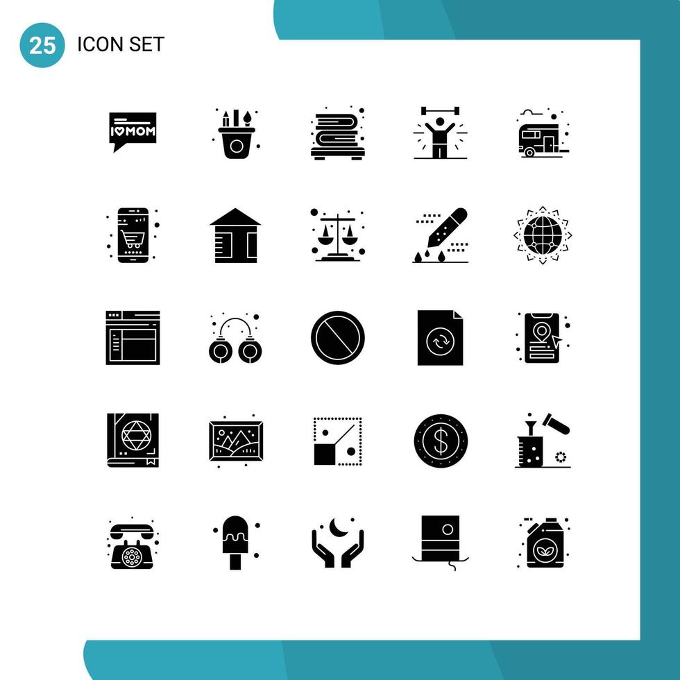 25 Solid Glyph concept for Websites Mobile and Apps camp bus books lifting fitness Editable Vector Design Elements