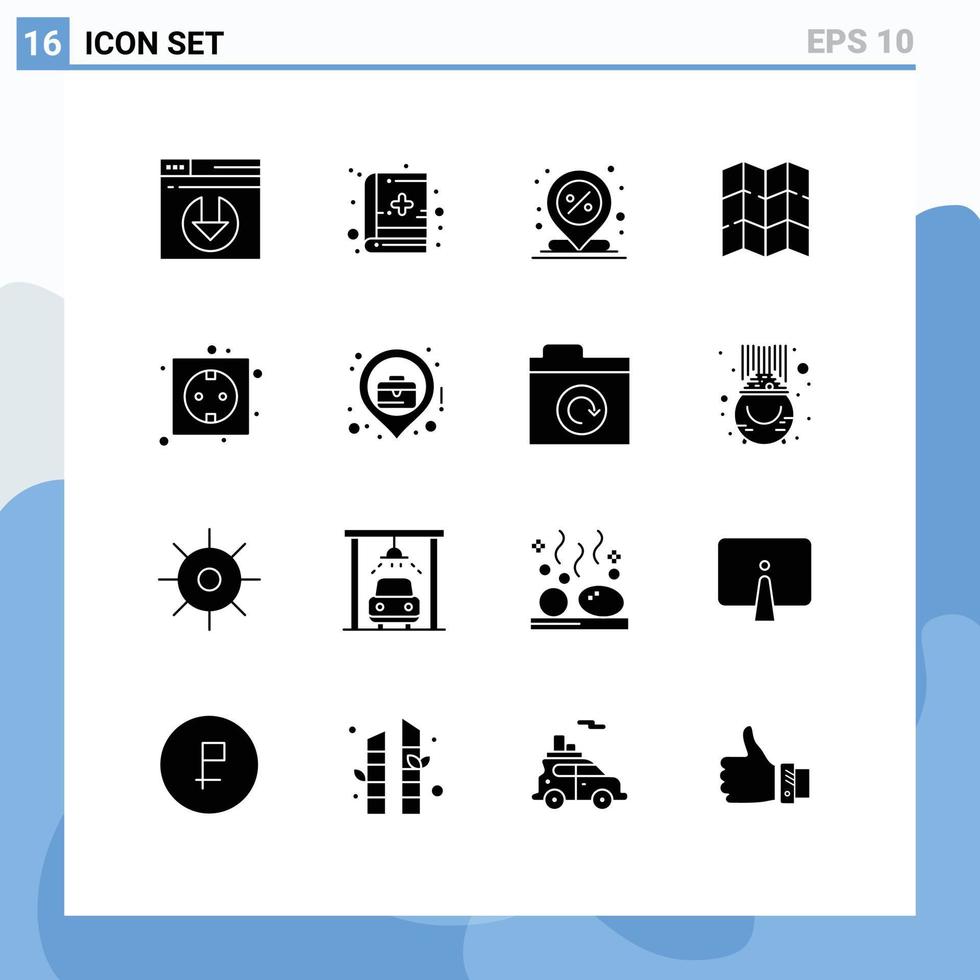 Group of 16 Modern Solid Glyphs Set for plug eco location board location Editable Vector Design Elements